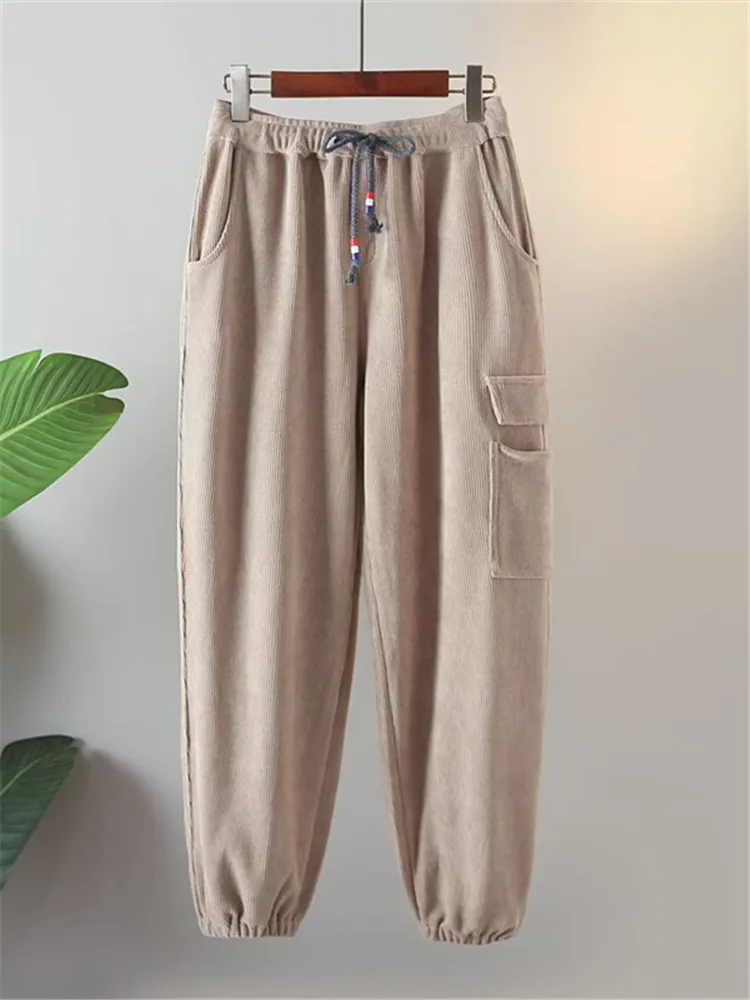 Plus Size Women's Clothing Spring And Autumn Elastic Waist Casual Pants Corduroy Micro Stretch Trousers With Pockets On Legs 4XL