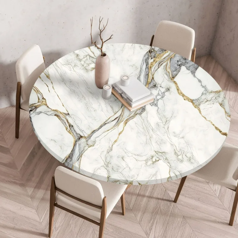 2025 New Round Marble Tablecloth, Elastic Table Cover, Waterproof and Washable Tablecloth, Round Table Cushion