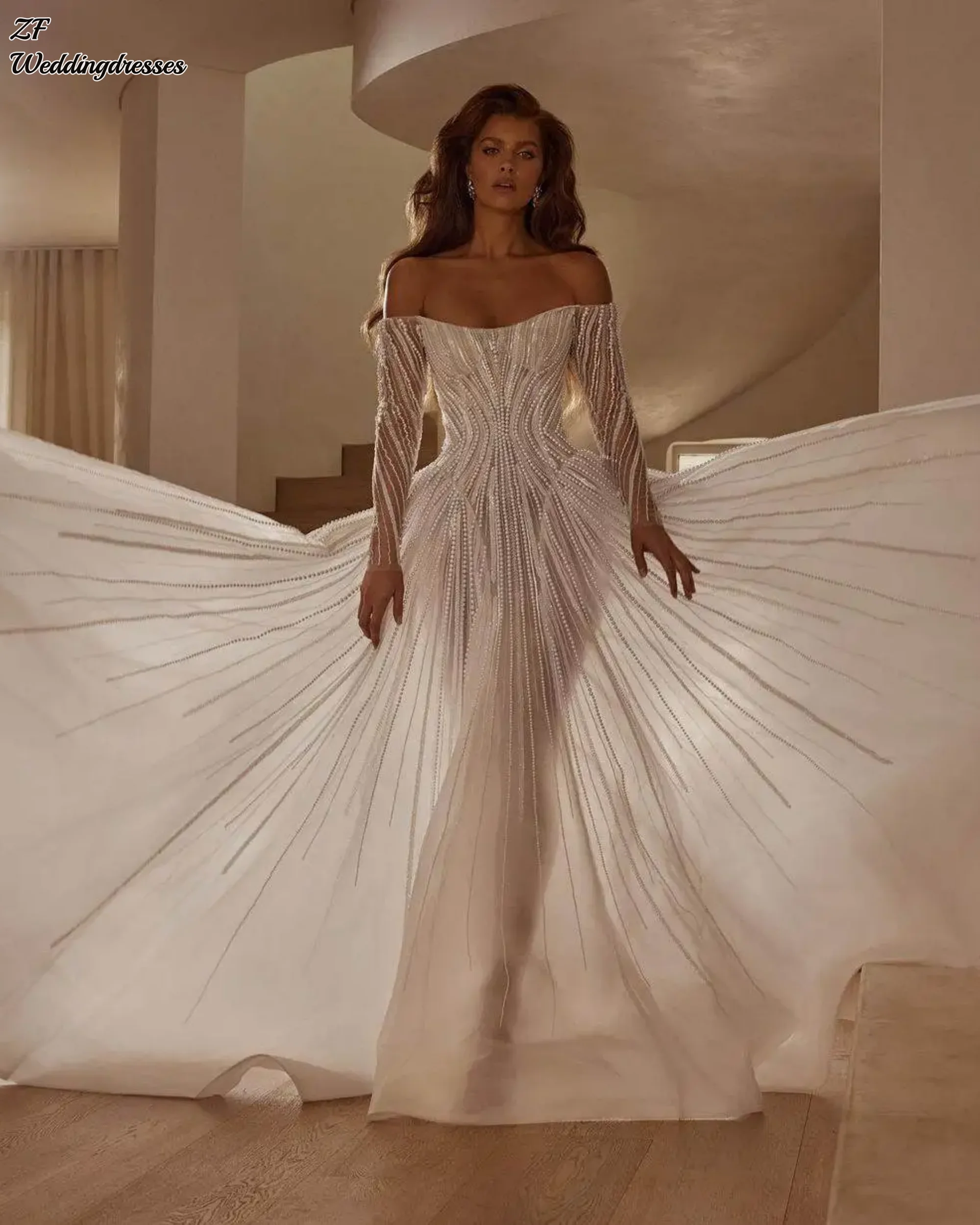 Robe De mariée trapèze personnalisée, à la mode, avec perles et dentelle, sans bretelles, grande taille