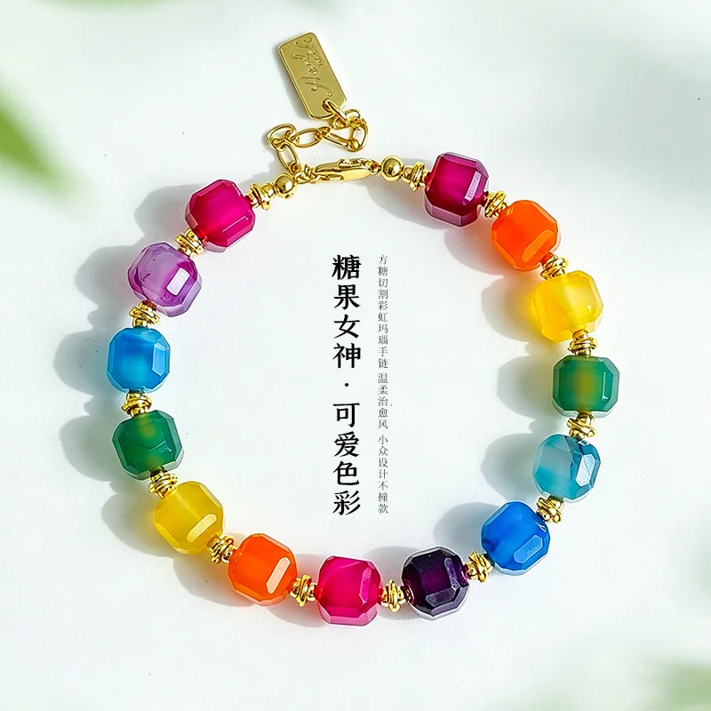 Candy Goddess Rainbow Agate Bracelet for Women, Multicolor Beaded Bangle, Light Luxury Fashion Jewelry