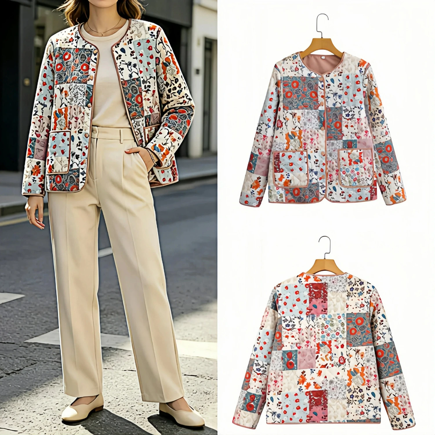 Autumn Winter Women Retro Parka Casual Slim Fit Coat Printed O Neck Button Down Outerwear Warm Fashion Jacket