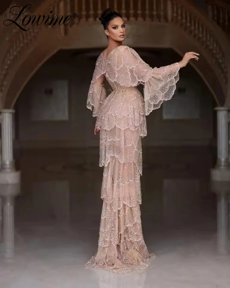 Wykwintna różowo-szara warstwowa suknia wieczorowa z pełnym zdobieniem kryształkami, szyta na miarę, z bufiastymi rękawami, suknie na przyjęcia, arabskie suknie balowe w stylu Dubai, suknia.