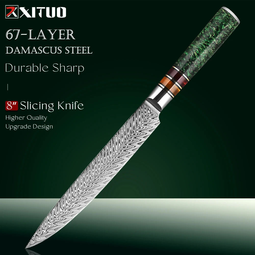 

8 Inch Carving Knife Ultra Sharp Slicing Knife Damascus Steel Blade & Ergonomic Rice Husk Resin Handle for Meat BBQ Turkey Ham