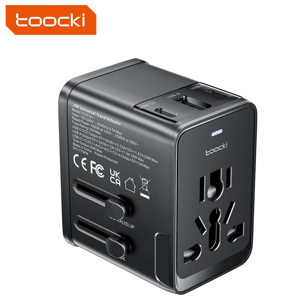 

Универсальный дорожный адаптер Toocki GaN 30 Вт с 2 USB-C 1 USB-портами, адаптер для внутреннего питания для дорожного зарядного устройства ЕС/США/Великобритании/JP/Австралии