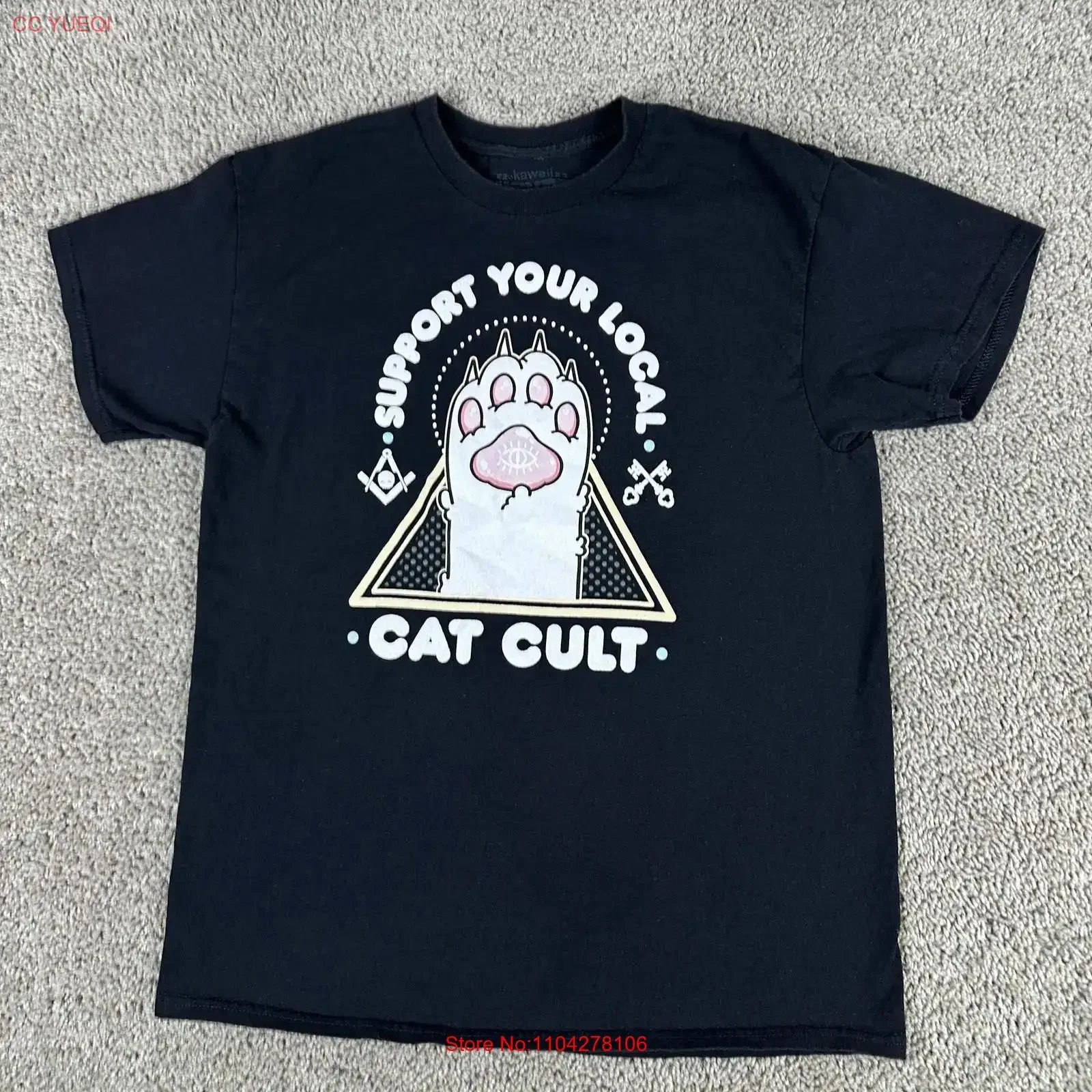 Kawaii KrypT T Shirt Mens Large Black Support Your Local Cat Cult  vintage Washed streetwear fashion Stylish Stretched