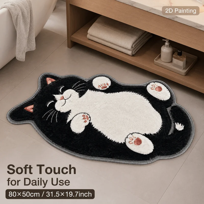 VIKAMA Cute Black White Cat Belly Up Kitten Irregular Shaped Rug Soft Fluffy Non-Slip Washable Bathroom Mat Aesthetic Home Decor