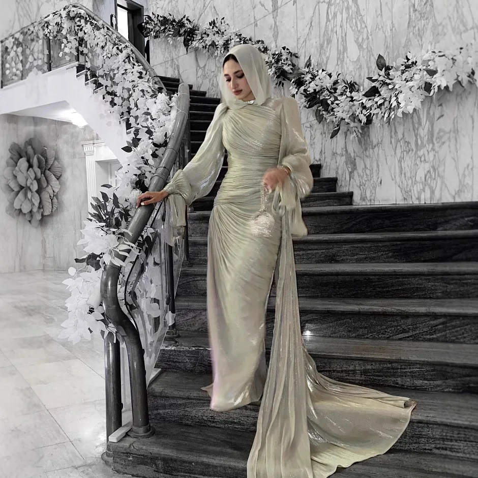 New Spring And Autumn Round Neck Pleated Fold Floor Length Party Dress Lantern Sleeves High Waist Vestido