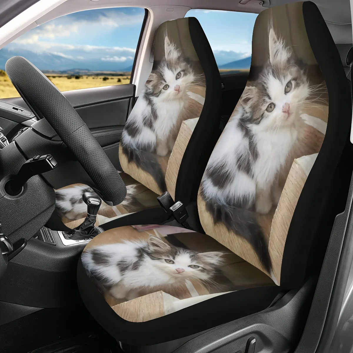 Set Of 2 Adorable Kitten Images On Seat Covers, Designed To Fit Various Vehicles Including Sedans, Suvs, And Trucks. They Are Wa