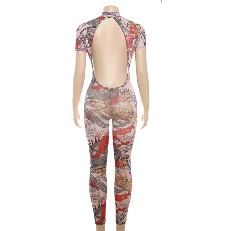 Women Sexy Printed Sheer Mesh Skinny Jumpsuits See Through Short Sleeve Backless Bodycon Clubwear Rompers Summer Overalls