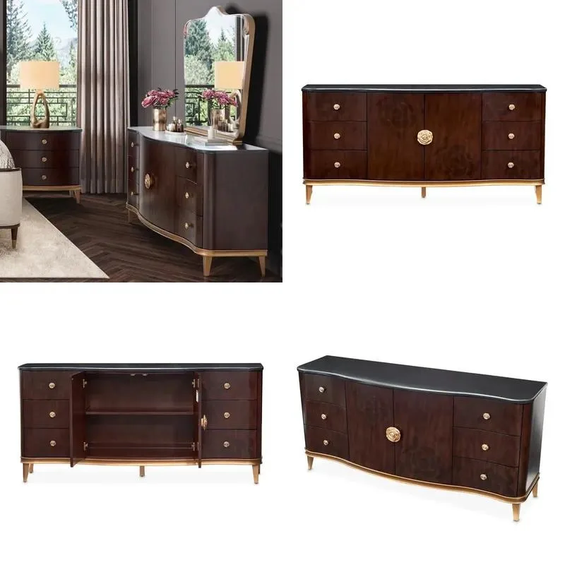 Custom High Gloss Walnut Brown Camellia Design Drawer Cabinet with Marble Countertop Adjustable Shelf Sideboard Console