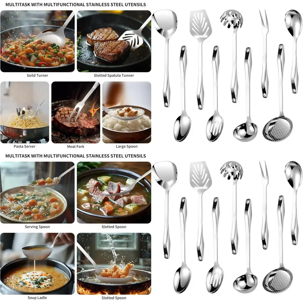 

9-Piece 304 Stainless Steel Kitchen Utensil Set - Silver, High-Temp Resistant, Dishwasher Safe Cooking Tools with Hanging Featur