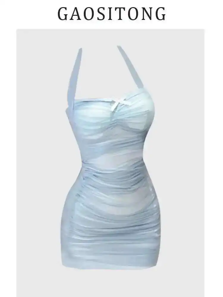gaositong-pure-desire-sexy-slim-fit-ruched-halter-dress-for-women-spring-summer-2025-waist-cinching-slimming-bodycon-dress