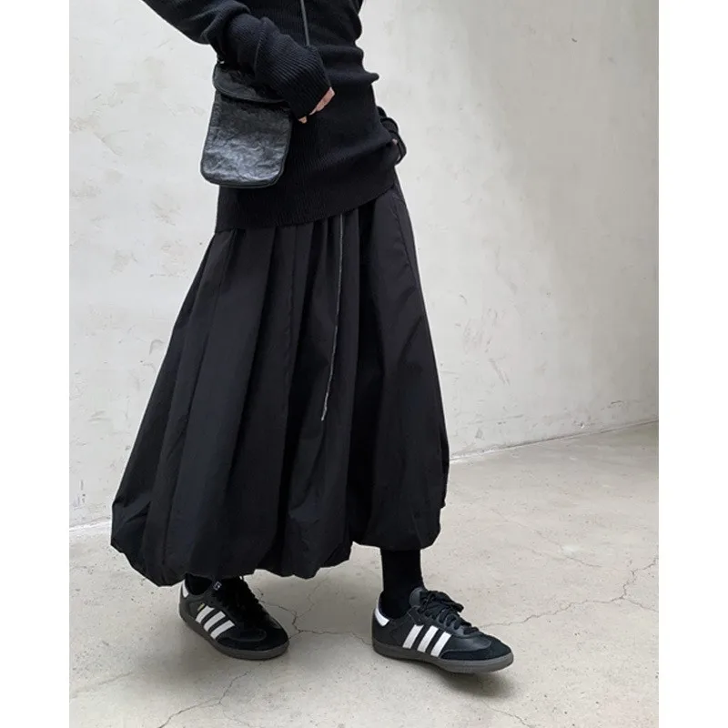 Johnature Autumn Winter Casual Simple Women New Elastic Waist Black Loose Bubble Skirts