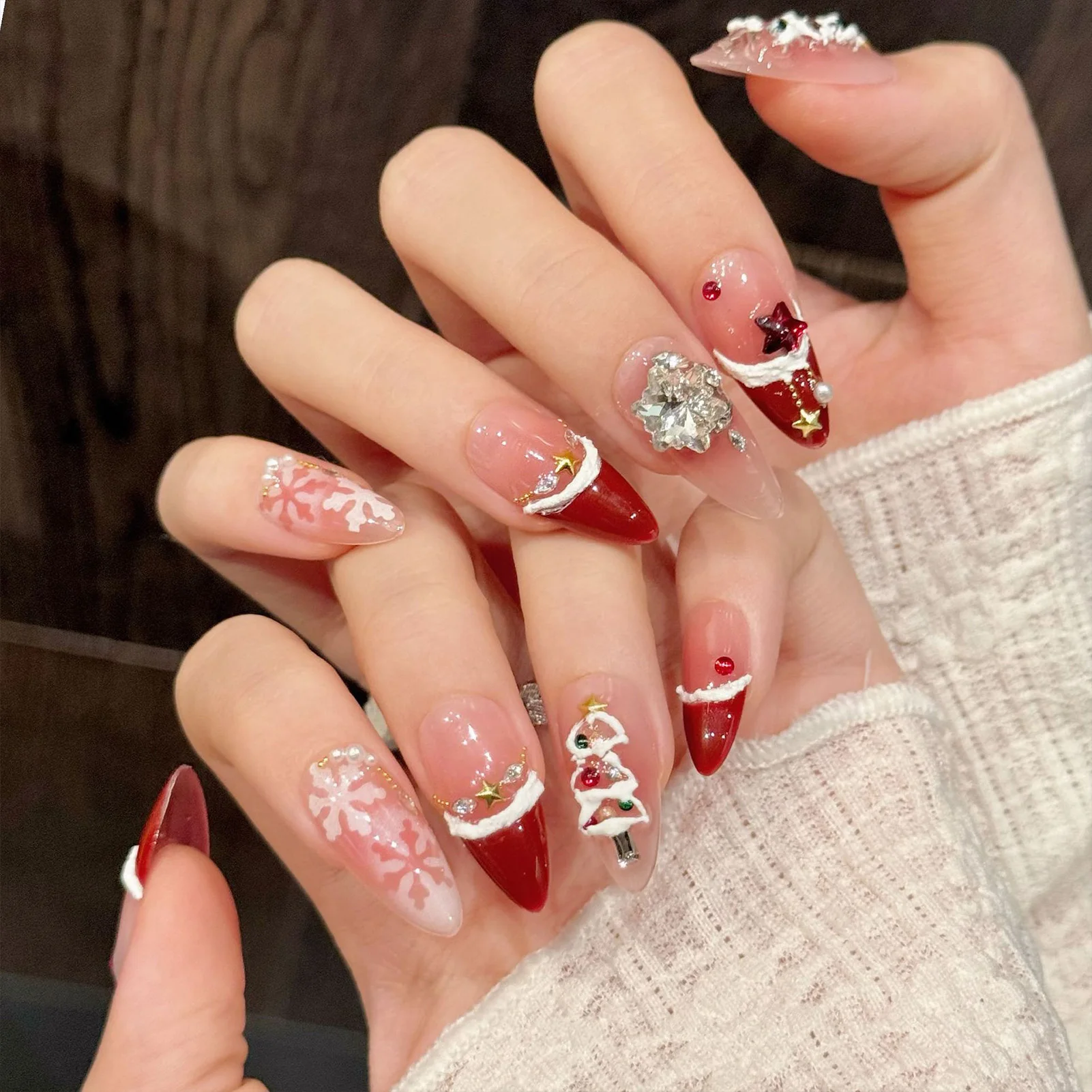 10PCS Christmas Theme Fake Nails with Glitter Rhinestone Design Red French Almond False Nails Wearable Cat Eye Press on Nails