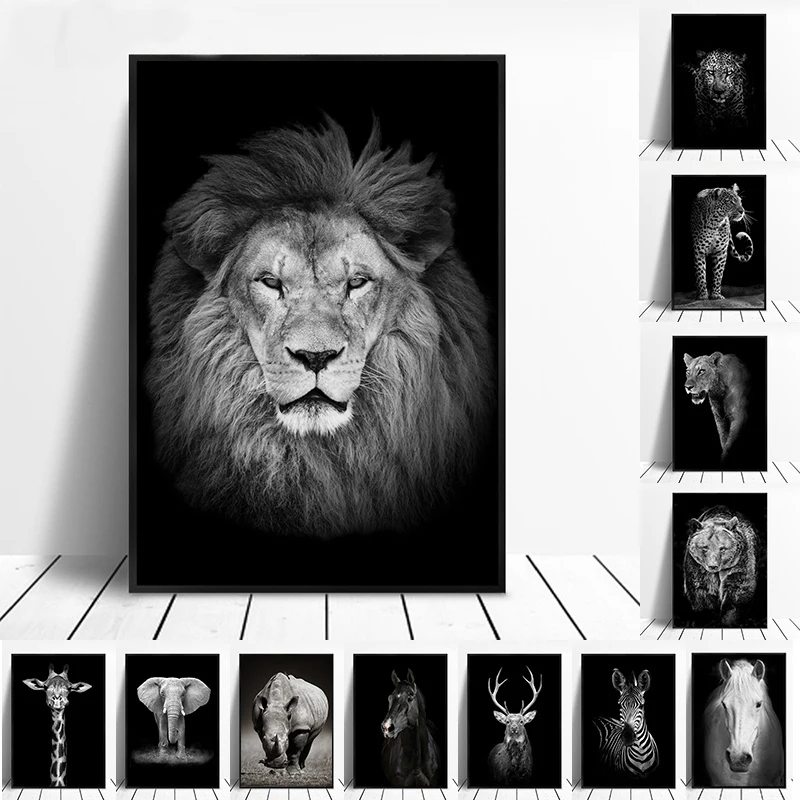 

Black White Poster Elephant Giraffe Zebra Lion Rhino Animal Canvas Painting Print Wall Art Picture Modern Living Room Home Decor