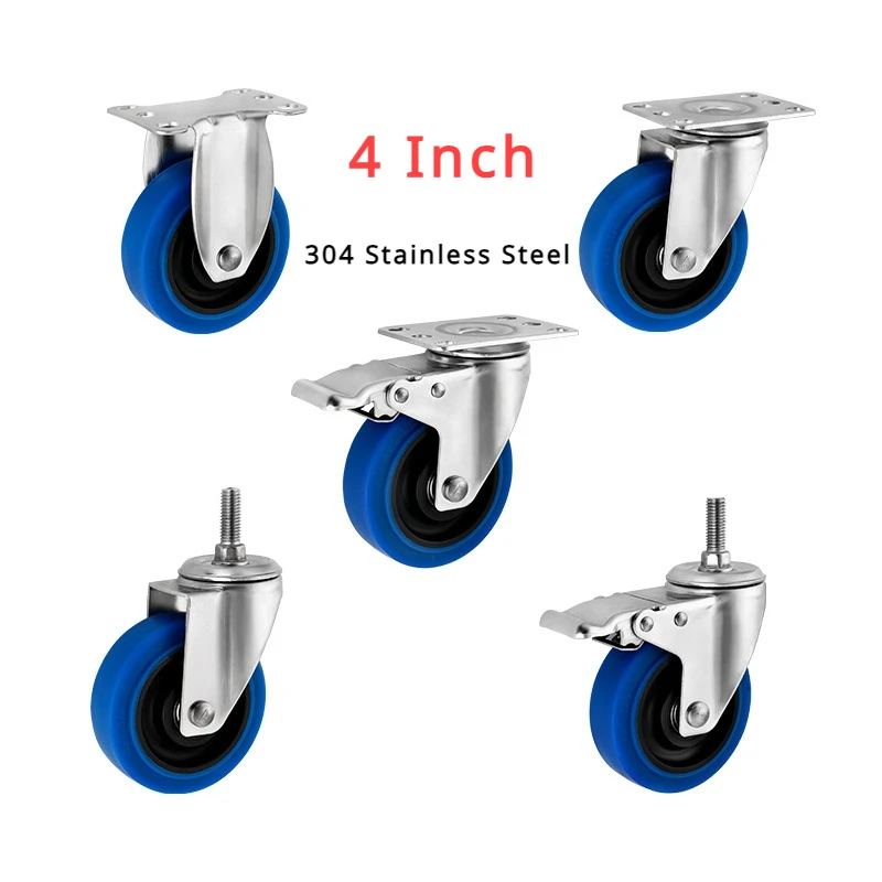 

4 Pcs/Lot 4 Inch 304 Stainless Steel Casters Medium Blue TPR Twin Shaft Rubber Universal Roller Silent Wheel Caster 300KG