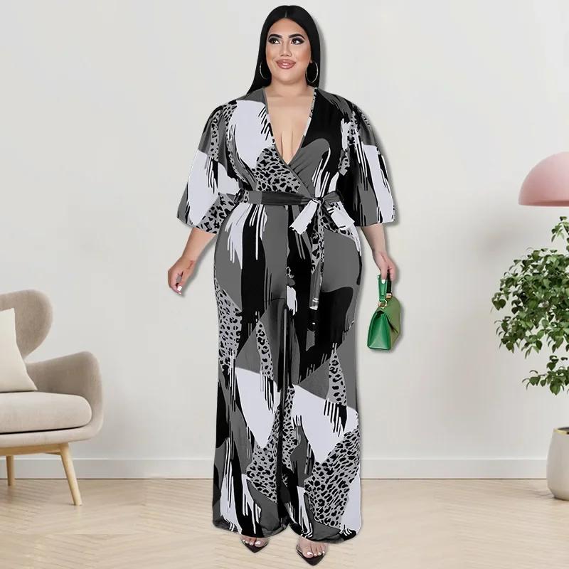 KEXU Women Plus Size Jumpsuit Print Long Sleeve V-neck Bandage Sashes Straight Jumpsuits 2024 Spring Street One Piece Overalls