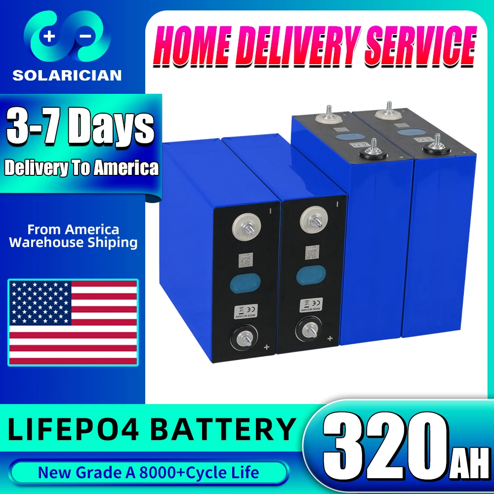 

8000+ Cycles 320Ah LiFePO4 Battery Grade A 3.2V Lithium Iron Phosphate Rechargeable Cell DIY 12V 24V 48V RV Boat Golf Cart Solar