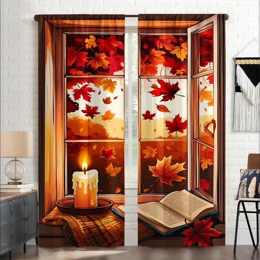 2PCS Digital Print Curtain, Window View Maple Leaves Candle Book, Cozy Autumn Reading Nook Style for Living Room Bedroom Decor