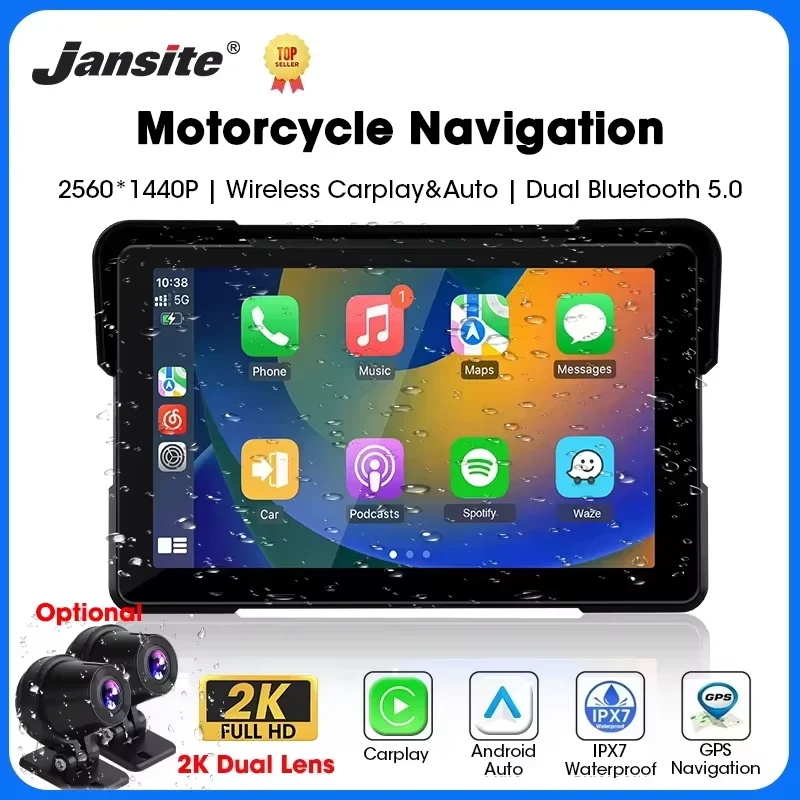 Jansite – écran de navigation GPS sans fil pour moto, 5/7 pouces, Carplay, Android Auto, IPX7, moniteur portable pour Moto