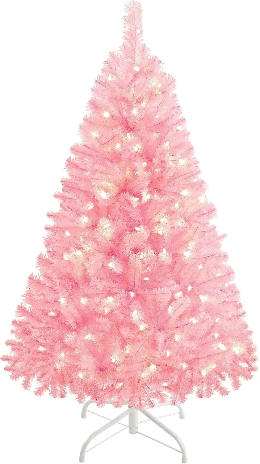 Small Pink Artificial Christmas Tree, 4 ft Pre-Lit with Stand