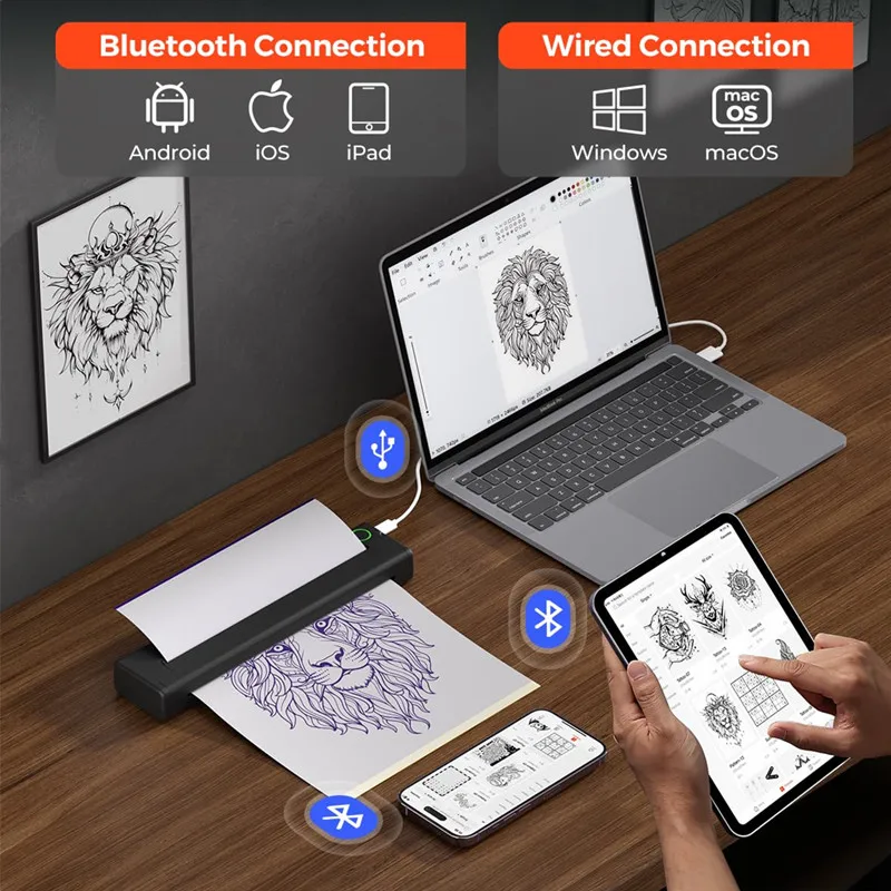 Wireless Thermal Tattoo Printer Bluetooth Tattoo Stencil Printer HD A4 Paper Printer Compatible with Android iOS Phone Tablet PC