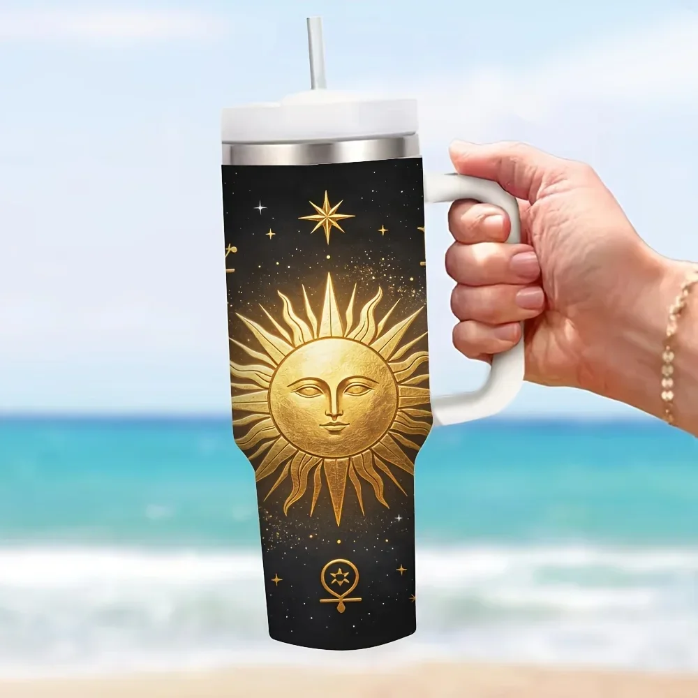 40Oz Insulated Tumbler with Handle, Golden Sun And Mystic Astrology Symbols Print, Maintains Stable Temperature for Hot And Cold Drinks, Ideal for Adults in Daily Life, Outdoor Travel, And Office Settings