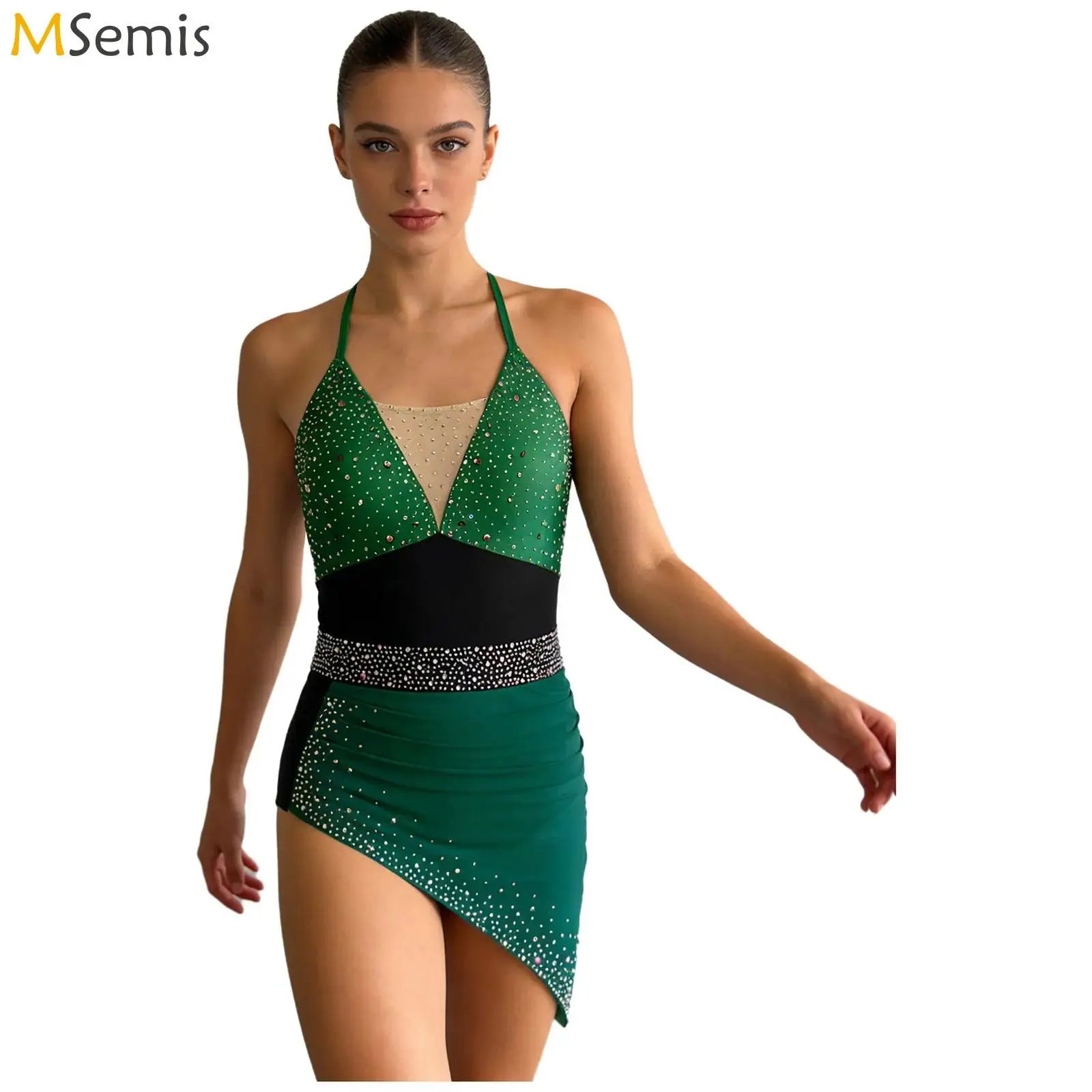 

Женский гимнастический балетный купальник-боди для лирических танцев с блестящими стразами, драпировкой и асимметричной сетчатой накладкой