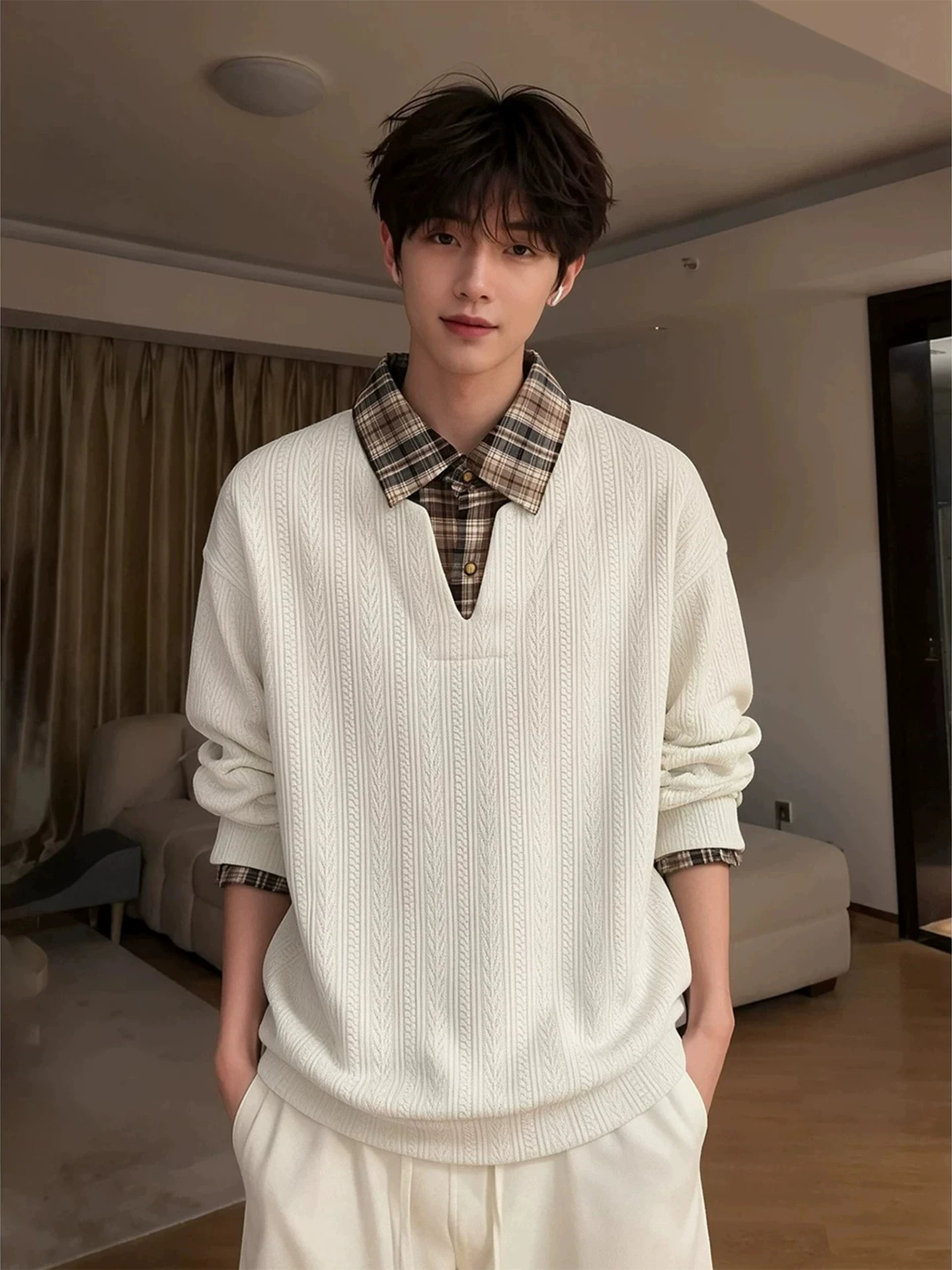 Men's Long Sleeve  Sweatshirt Autumnal American Retro Wheat Pattern Patchwork Design Casual Style Regular Fit Youth Fashion