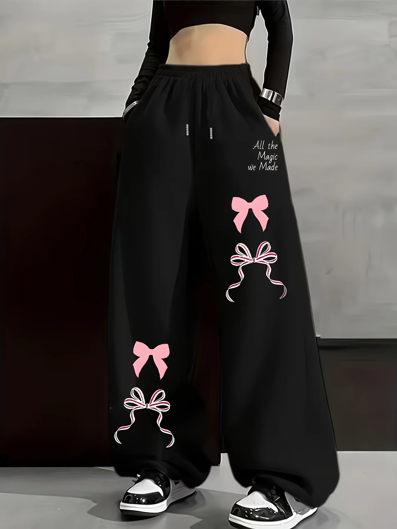 Y2K Wide Leg Sweatpants Pink Bow Ribbon 