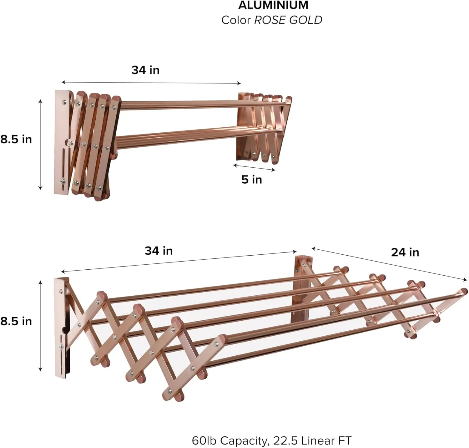 Racks de alumínio para parede, dobrável, para secagem de roupas e lavanderia (capacidade de 60 lb, 22,5 pés lineares, alumínio rosa)