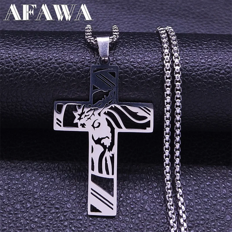 Christ God Cross Jesus Crown of Thorns Chain Necklace Men Stainless Steel Crucifix Necklace  Jewelry colar masculino N7074S02