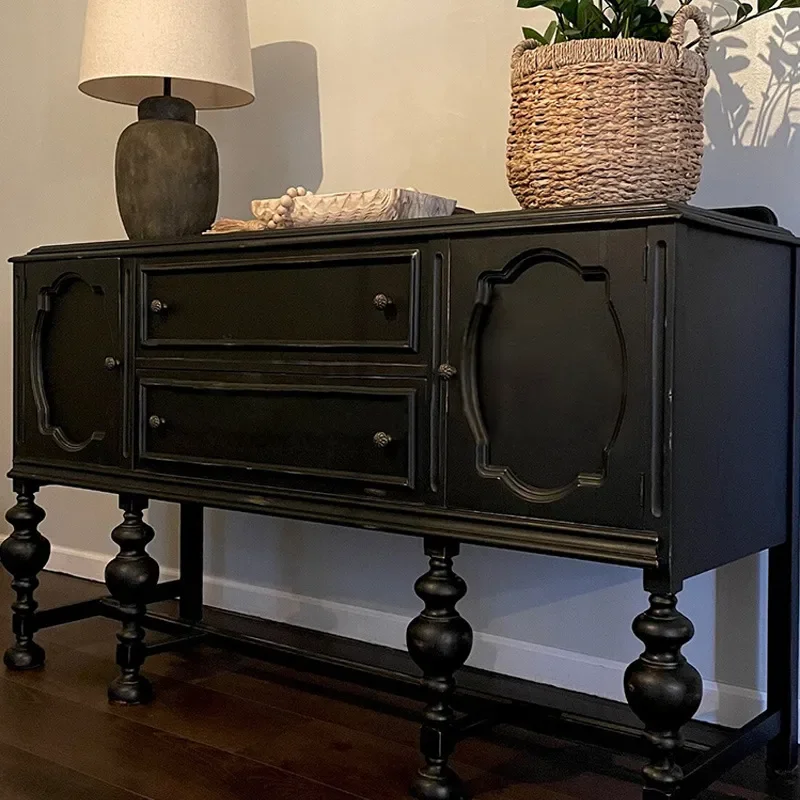 French Retro Neoclassical Black Sideboard Cabinet for Dining Room Living Room Wall Storage Partition Console Table