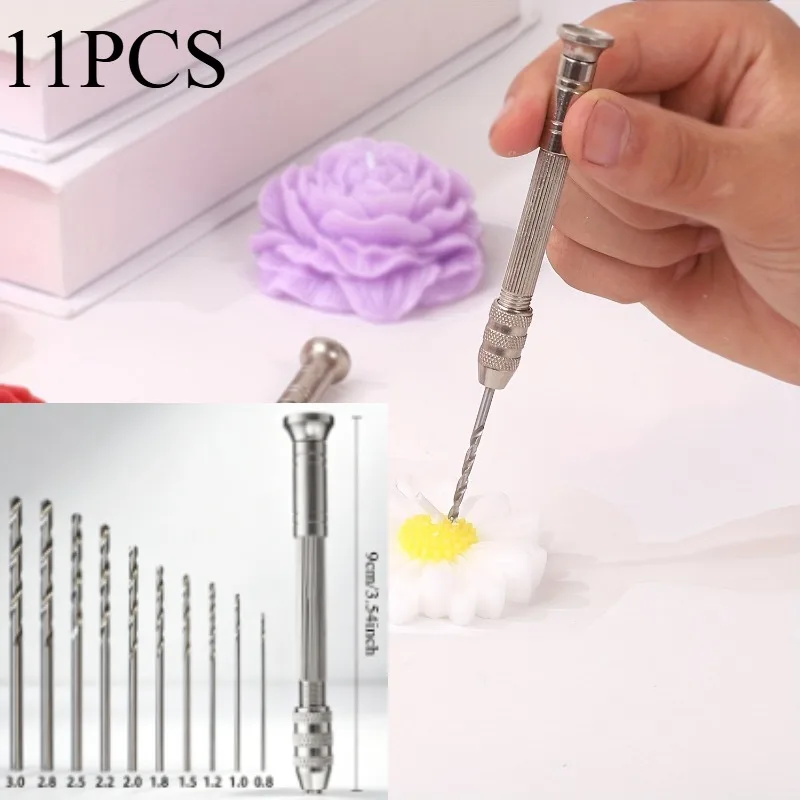1 Set 11-Piece Candle Making Punch Tool Set, 10 Different Length Drill Bits, Hand Drill with Replacement Bits, Wick Hole Puncher