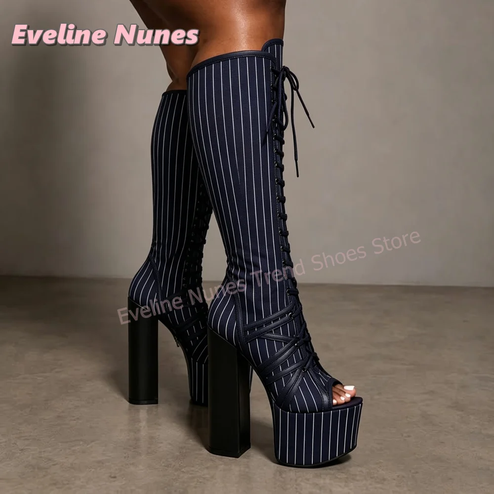 Burgundy Pinstripe Peep Toe Platform Summer Boots Women Lace Up Chunky Block Heel Booties Trendy Club Party Night Out Gladiator