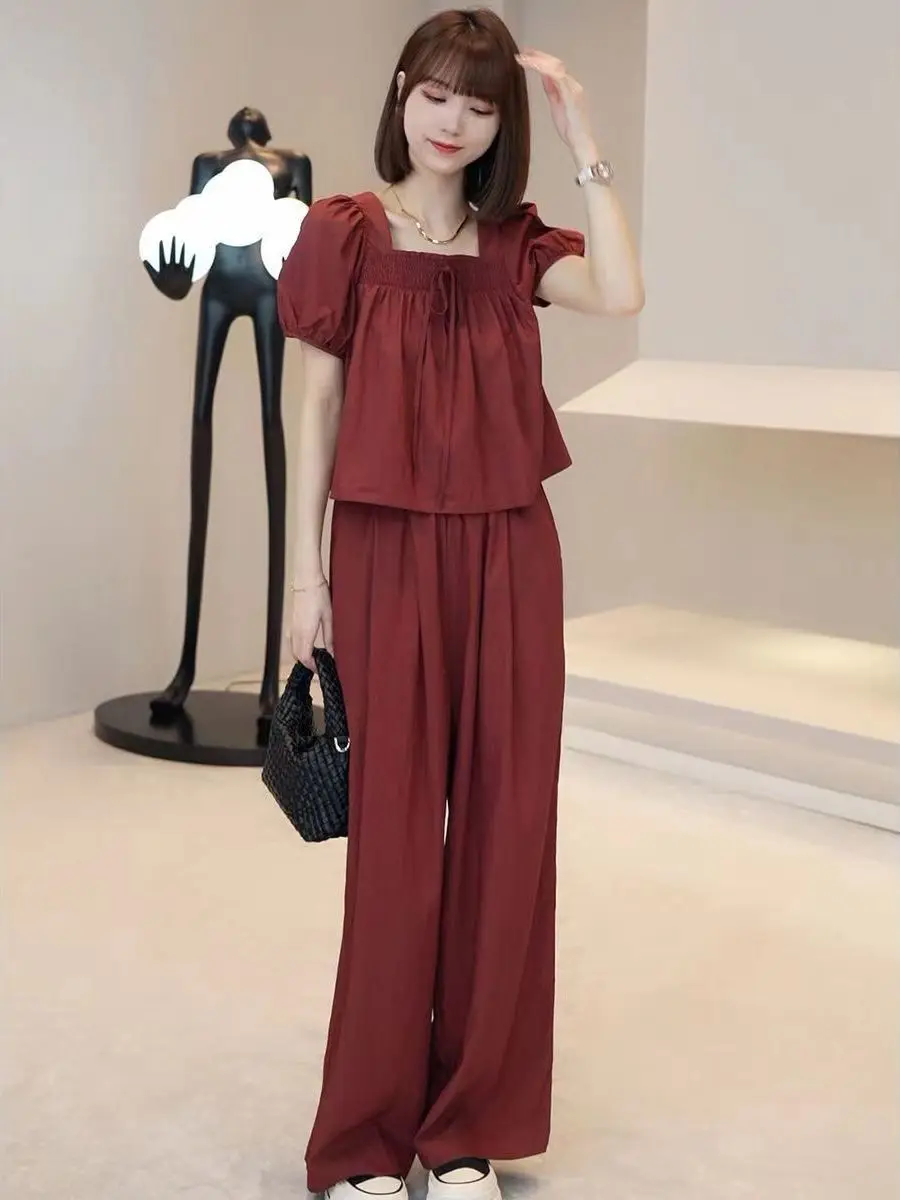 Faionable été minceur grande taille ensemble pour femmes col carré pantalon à jambes larges deux pièces Suite coréenne Sle taille haute Polye...