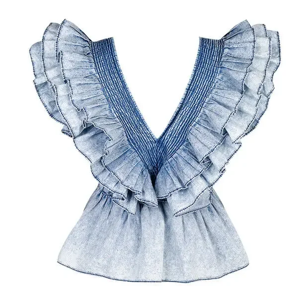 Women V-neck Ruffled Denim Sleeveless Shirts High Waist Summer Lotus Multi-Layers Pleated Blouse Folds Crop Tops Blusas Mujer