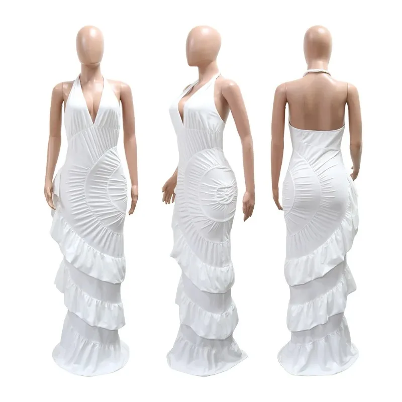 Sexy Evening Bodycon Dresses for Women Halter Neck Sleeveless High Waist Backless Irregular Folds Fashion Long Dress Female