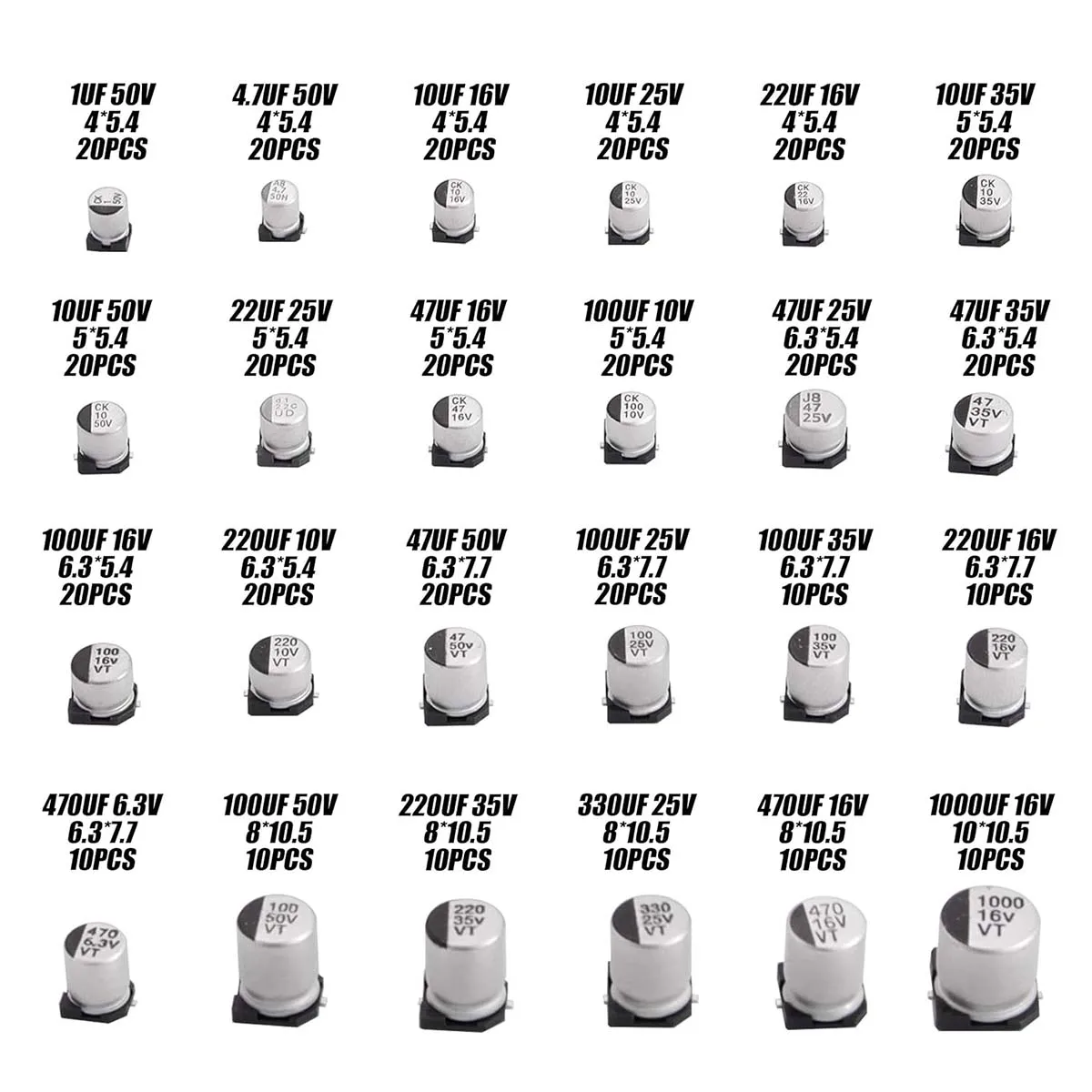 400Pcs SMD Aluminum Electrolytic Capacitor Assortment Kit 24Values 1uF‑1000uF SMD Capacitors Set for Electronic DIY Repair