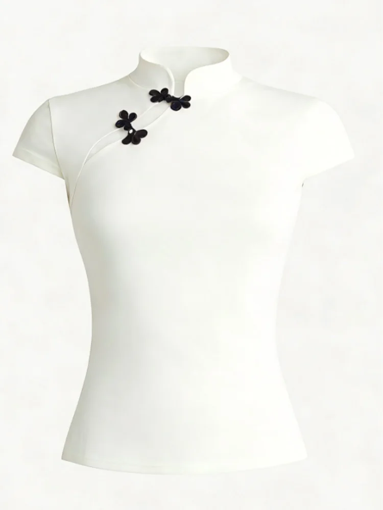 2026 New Summer Women Vintage Chinese Style Daily Mandarin Collar Frog Button Side Placket Short Sleeve Slim Fit T-shirt