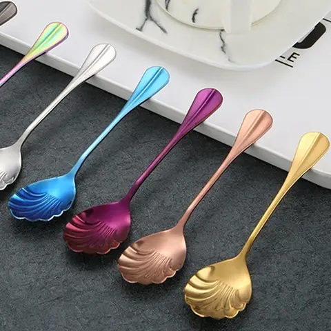 Skalformad rostfri sked med långt handtag Restaurang dessertsked glassskopor kökstillbehör liten sked 10 best sales skalsked - №3