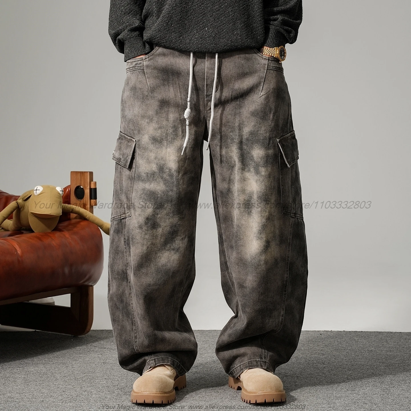 Fall 2026 Vintage Distressed Post-Apocalyptic Wasteland Style Pocket Cargo Pants Men Straight Loose Drawstring Wide Leg Trousers