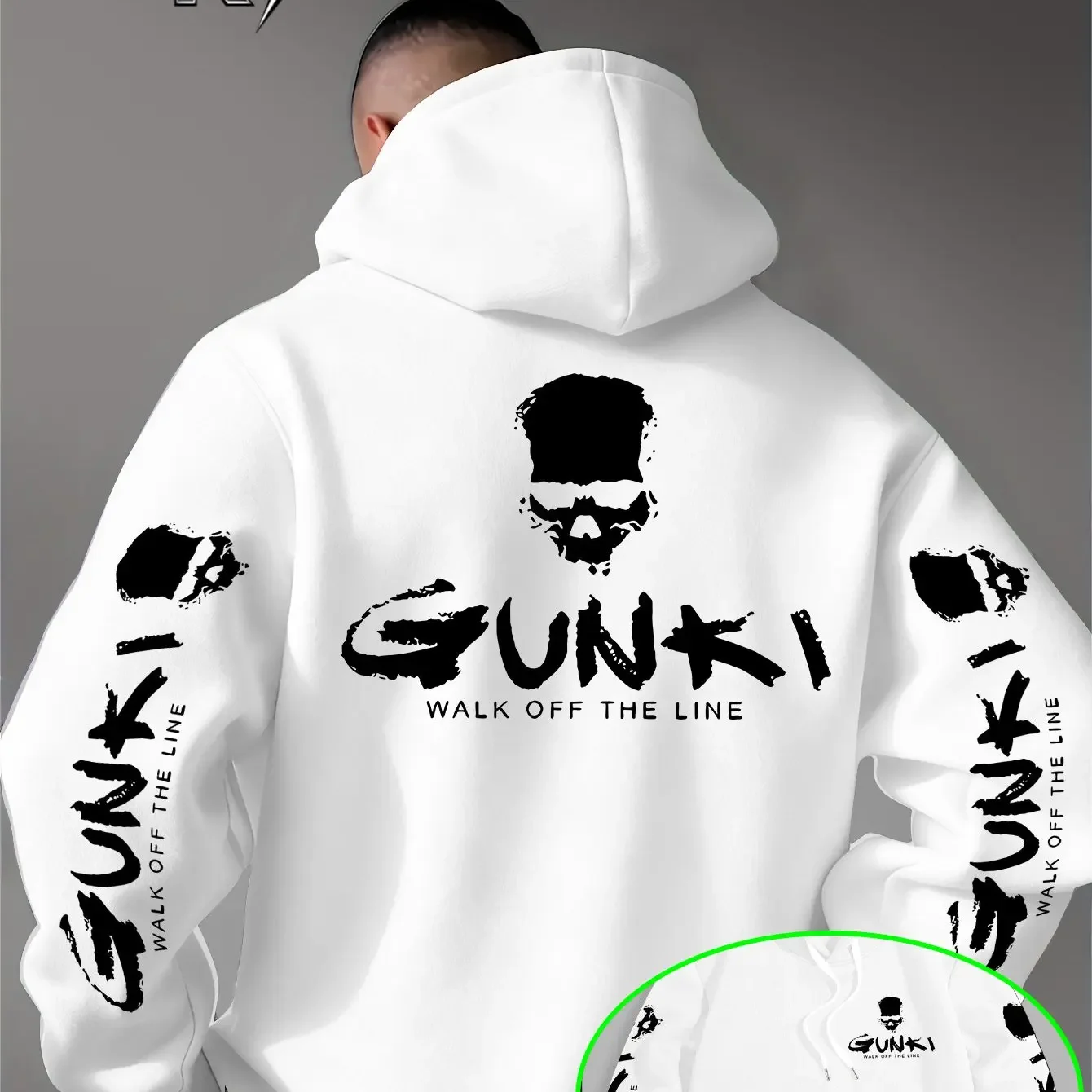 Men's Skull Hoodie Graffiti Walk Off The Line Graphic Back Sleeve Print Loose Pocket Pullover Sweatshirt Street Punk Streetwear