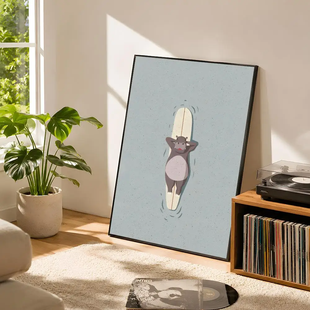 Funny Beach Animals Surf Cartoon Otter Alligator Poster Self Adhesive Matte Wall Art Removable Home Room Decoration