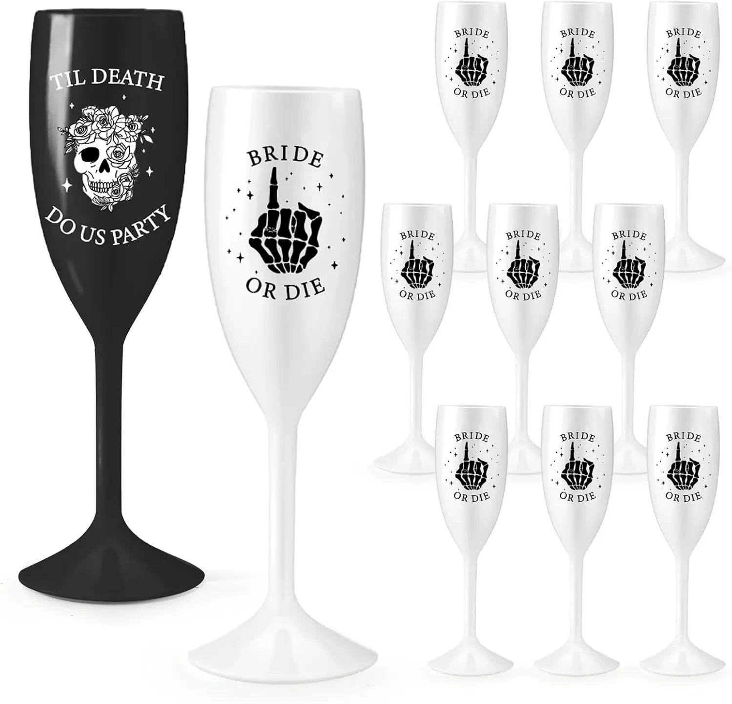 

12Pcs Bride or Die Bachelorette Champagne Flutes, Black & White Reusable Plastic Wine Glasses for Wedding Party