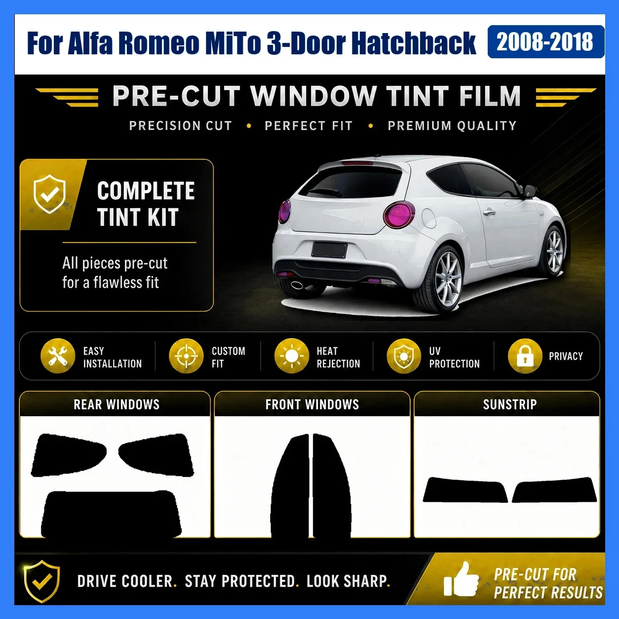 Premium Precut Window Tint for Alfa Romeo MiTo 3‑Door Hatchback 2008‑2018 Front Rear UV Heat Rejection Privacy Protection Film