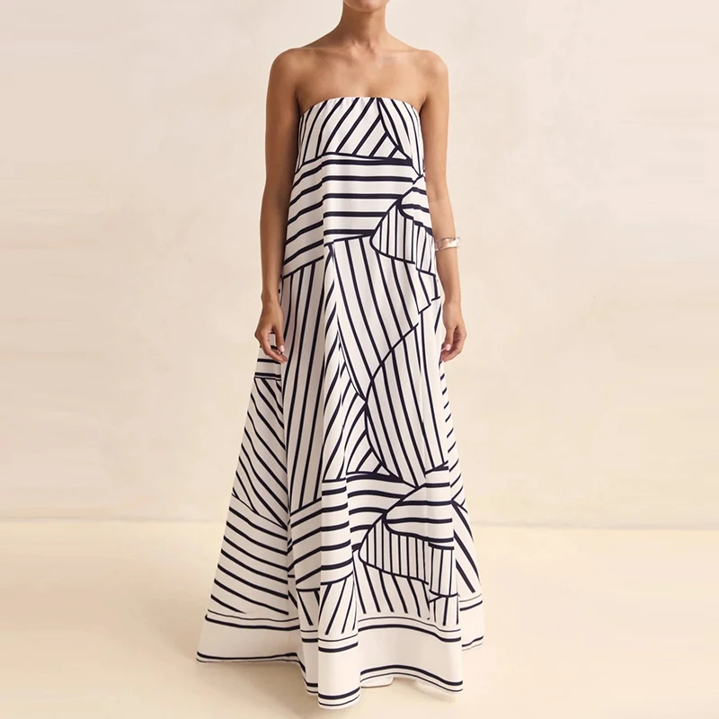 

Элегантное цельное платье с открытыми плечами и принтом, темпераментное повседневное женское платье, сексуальный топ без бретелек, свободное плиссированное вечернее платье