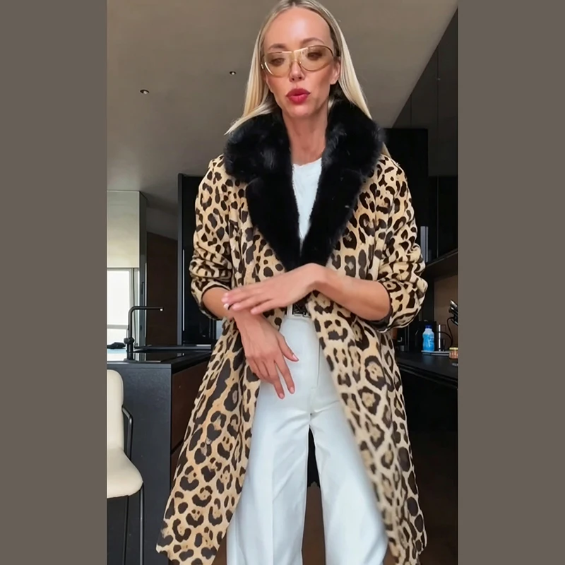 Vintage Leopard Print Coat Women Faux Fur Trim Collar Long Sleeve Loose Mid-length Warm Jacket Club Street Ladies Outerwear