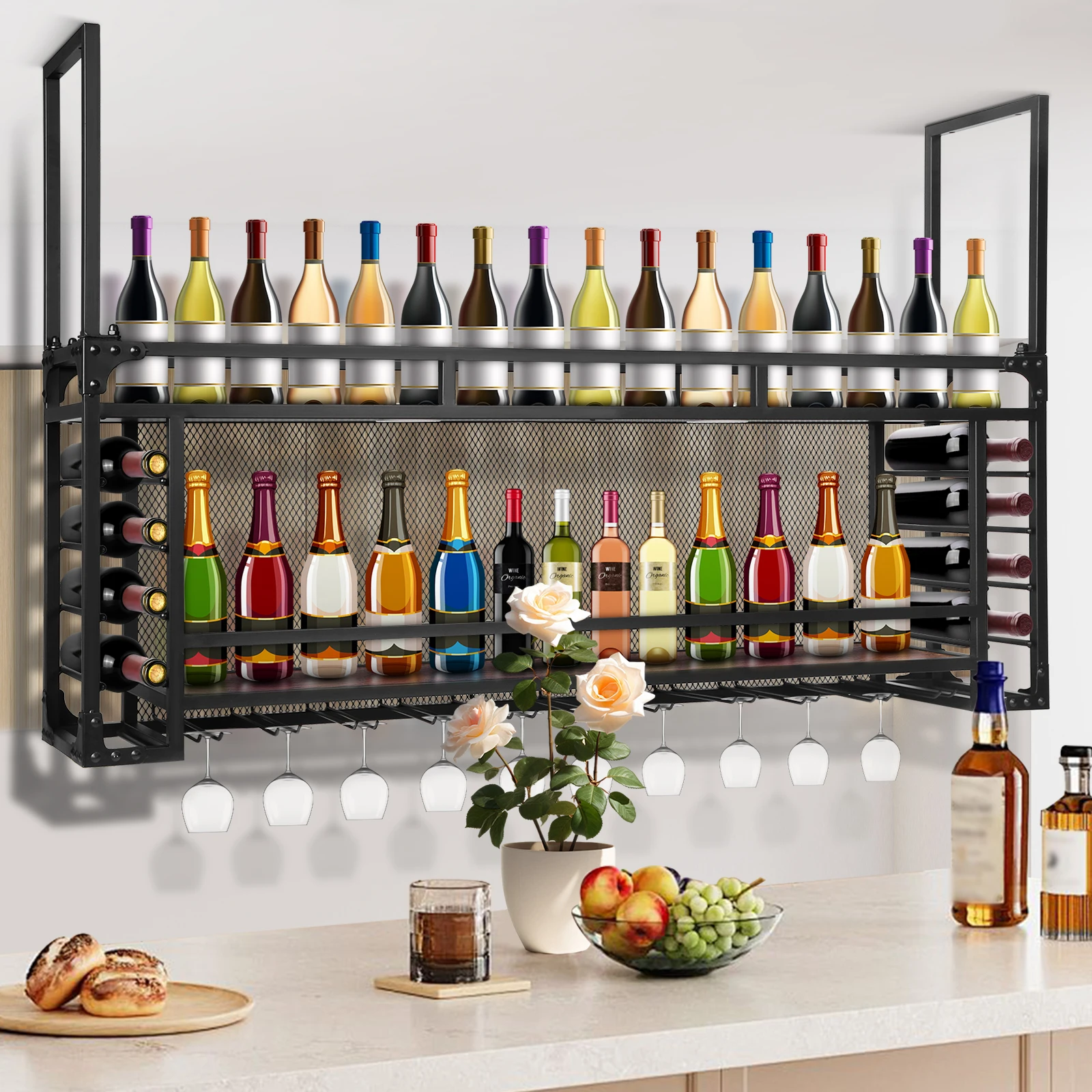 

Wall Mounted 2 -Tiers Wine Bottles Display Storage 59.06x21.65x11.81inch Metal Wine Rack Bar Shelves for Kitchen Dining Room Bar
