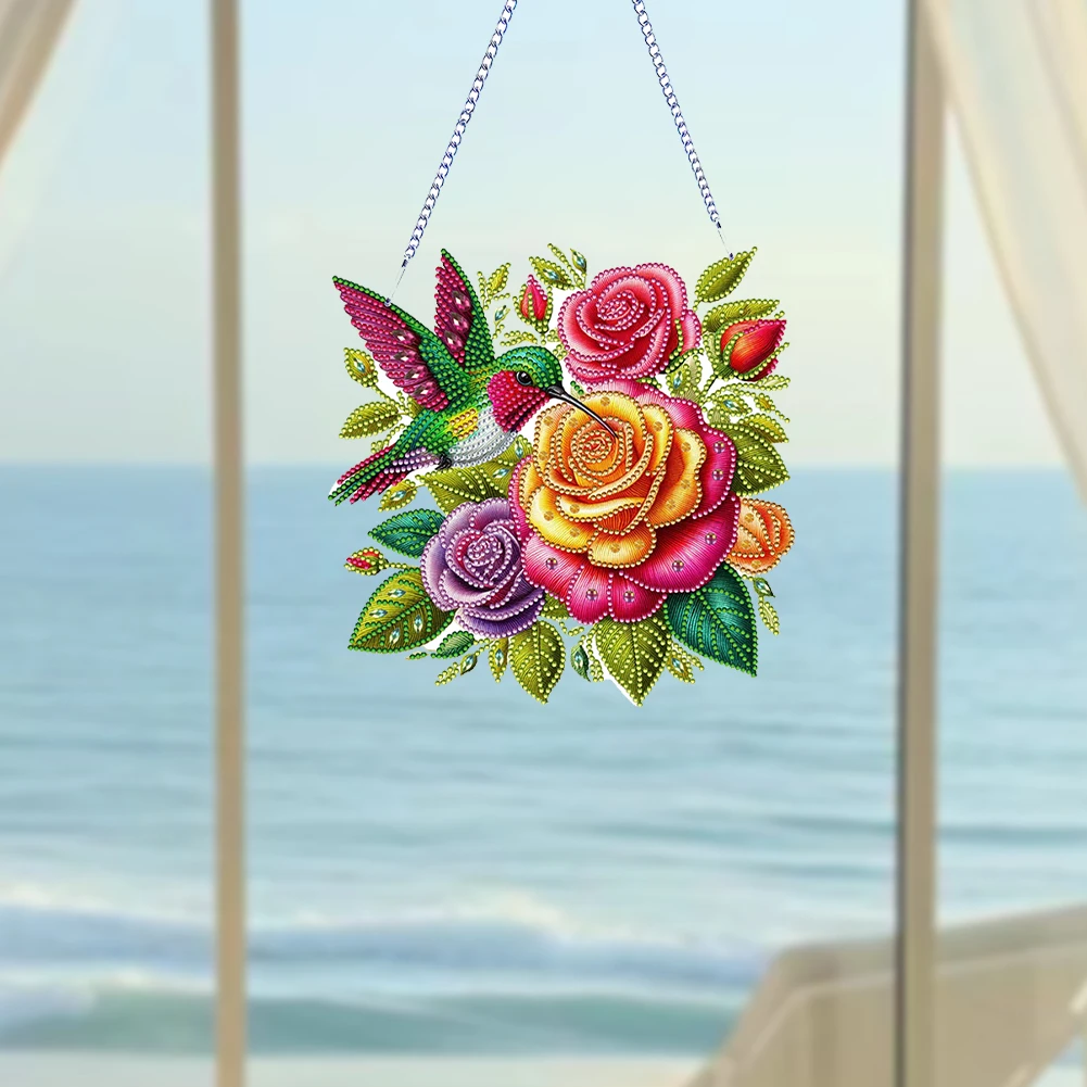 

Acrylic Special Shape Hummingbird Rose 5D DIY Diamond Painting Dots Pendant
